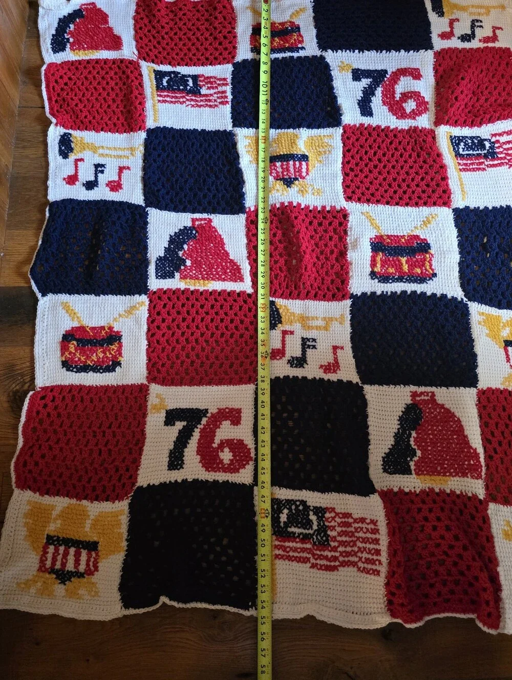Bicentenial Patriotic Handmade Crochet Throw - Red, Navy, White, Yellow